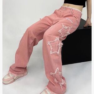 Y2K Trendy Pink Wide Leg Jeans with Distressed Details